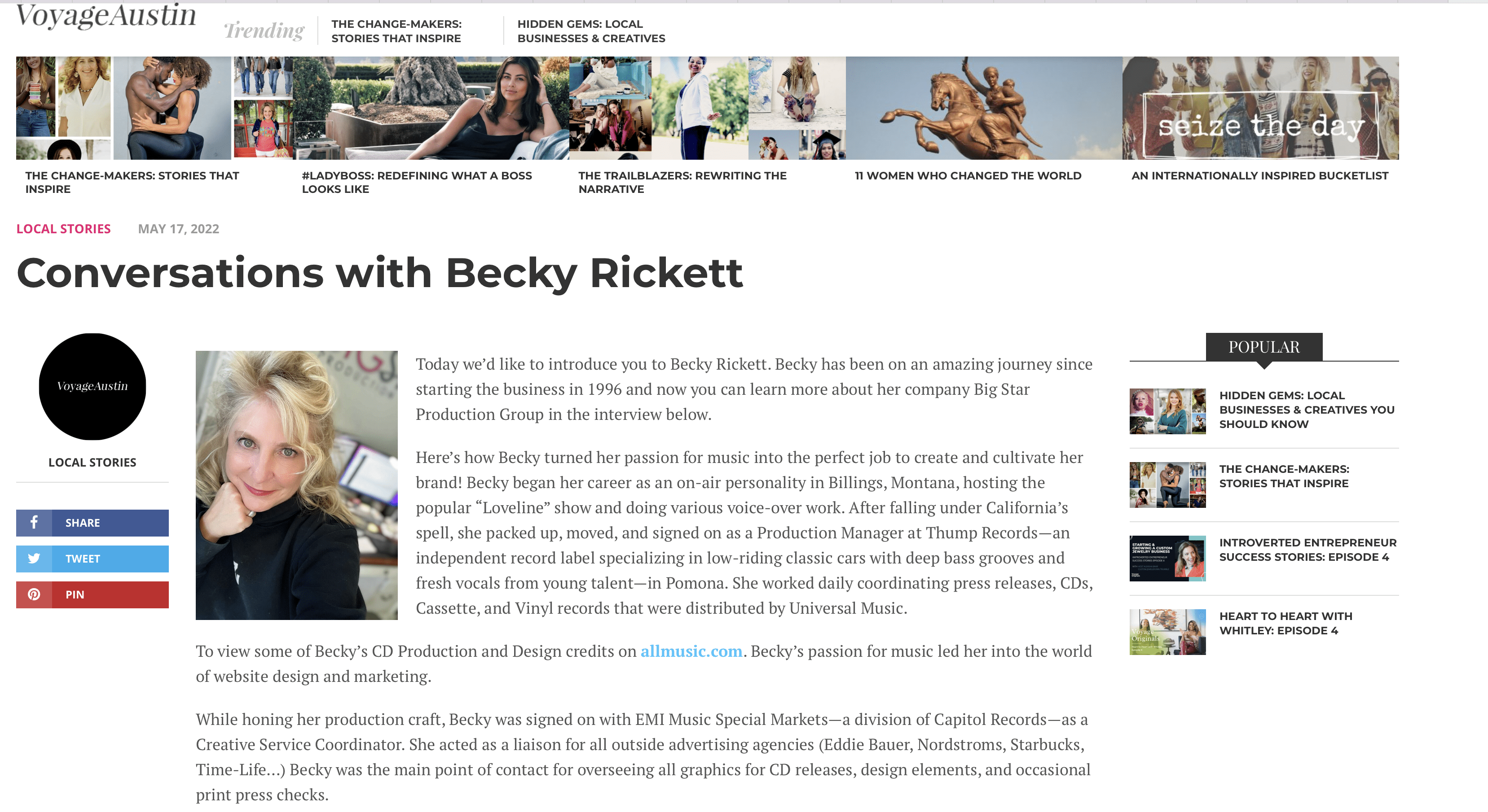 Conversations with Becky Rickett an interview with Voyage Austin Magazine